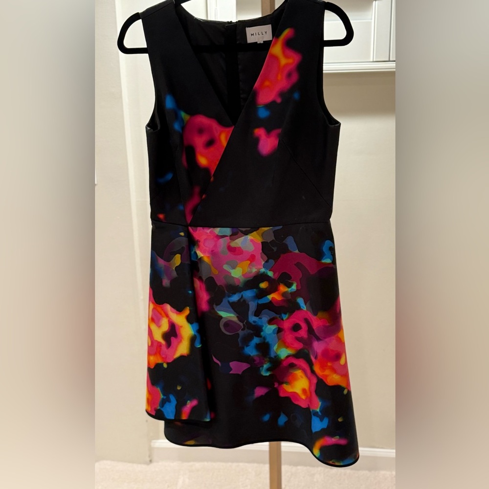 Milly Black Dress with Vibrant Multicolor Pattern